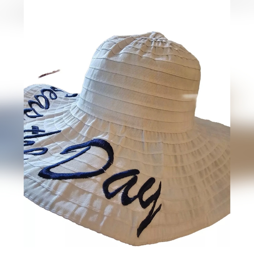 Seas the Day Sun Beach Hat  Sz OS. Wide Brim Floppy Beach White Navy Nautical - Picture 7 of 13